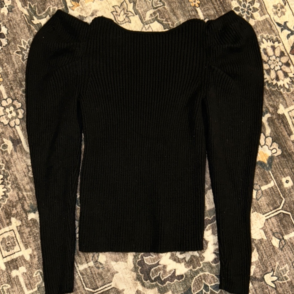 Express Black Ribbed Puff Sleeve V-Neck Sweater Top | Fitted Chic Knit y2k - Picture 3 of 3